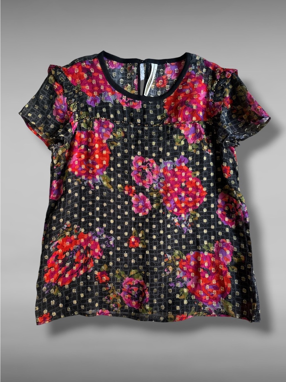 Anthropologie Fiorella Metallic Floral Beaded Blouse Top Sz 2